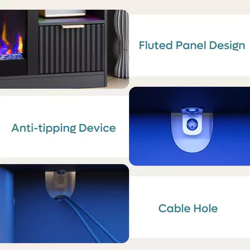 Meuble TV Bestier 70 pour cheminée cannelée brillante avec cheminée de 36 po et lumières DEL, centre de divertissement moderne avec armoires