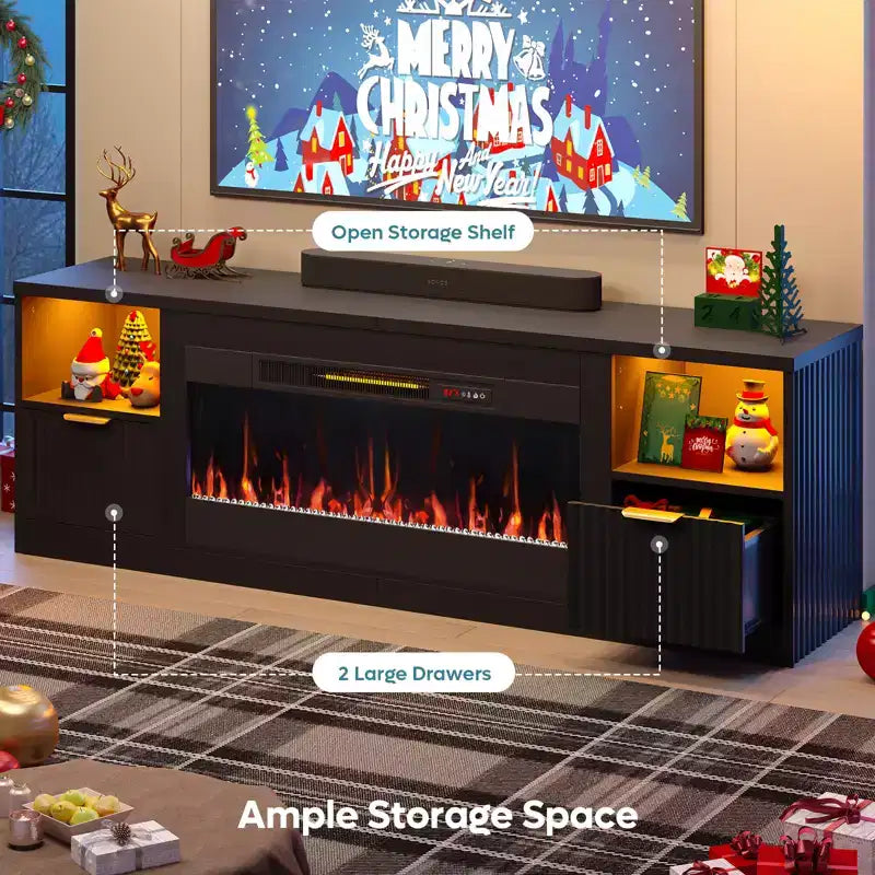 Meuble TV Bestier 70 pour cheminée cannelée brillante avec cheminée de 36 po et lumières DEL, centre de divertissement moderne avec armoires