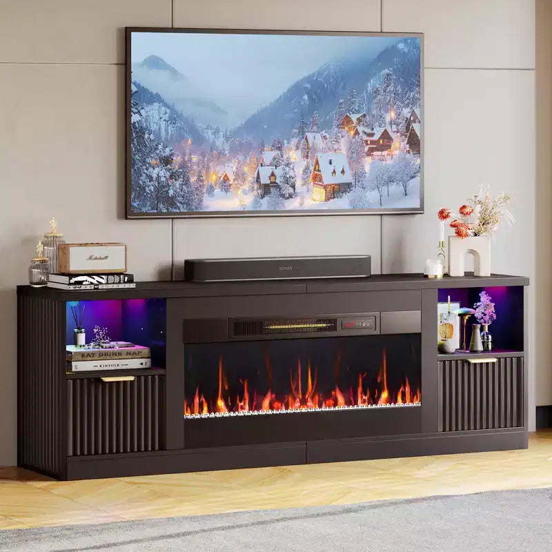Meuble TV Bestier 70 pour cheminée cannelée brillante avec cheminée de 36 po et lumières DEL, centre de divertissement moderne avec armoires