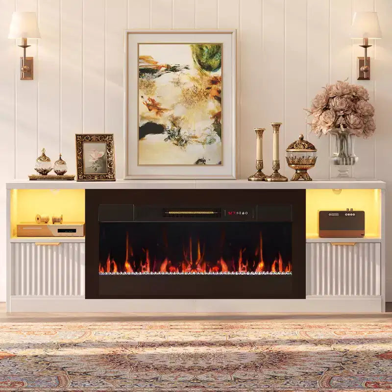 Meuble TV Bestier 70 pour cheminée cannelée brillante avec cheminée de 36 po et lumières DEL, centre de divertissement moderne avec armoires