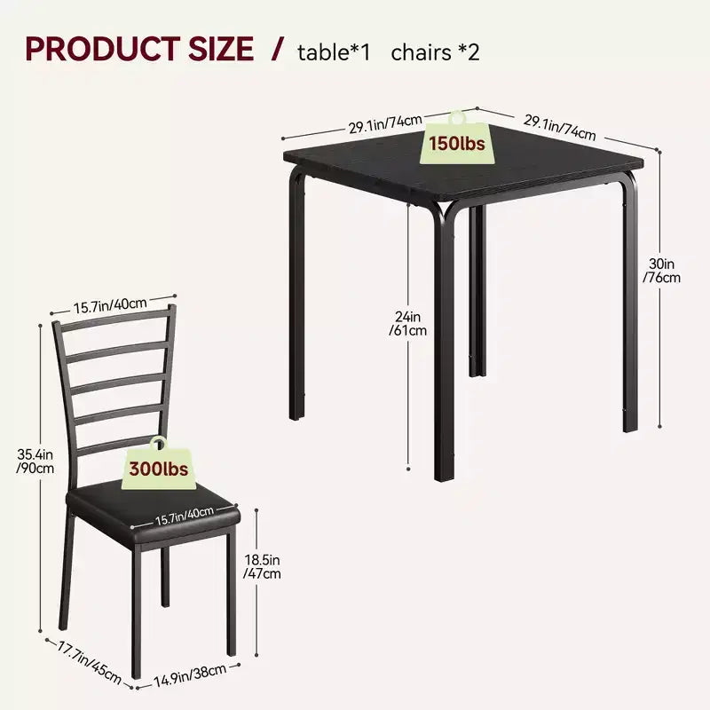 Table à manger pour 2 personnes, petite table et chaises pour 2 personnes, ensemble de dînette pour 2 personnes, table à manger carrée, ensemble de salle à manger et de cuisine 3 pièces pour petit espace