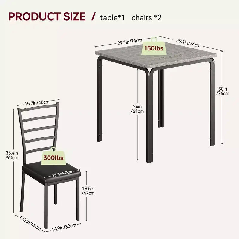 Table à manger pour 2 personnes, petite table et chaises pour 2 personnes, ensemble de dînette pour 2 personnes, table à manger carrée, ensemble de salle à manger et de cuisine 3 pièces pour petit espace