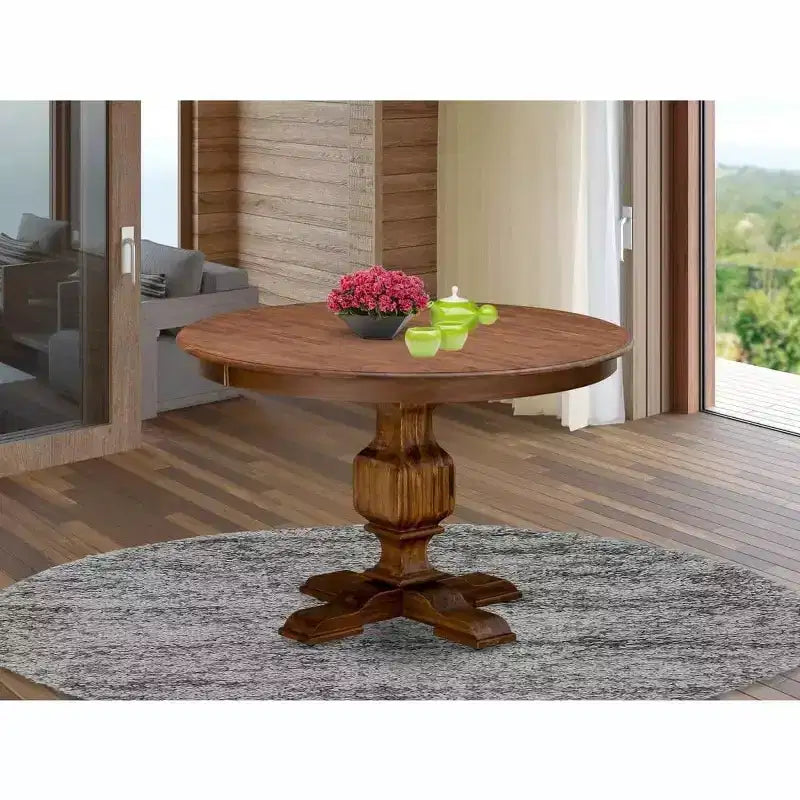 Table à manger ronde HomeStock avec piédestal, table en bois d'hévéa rustique