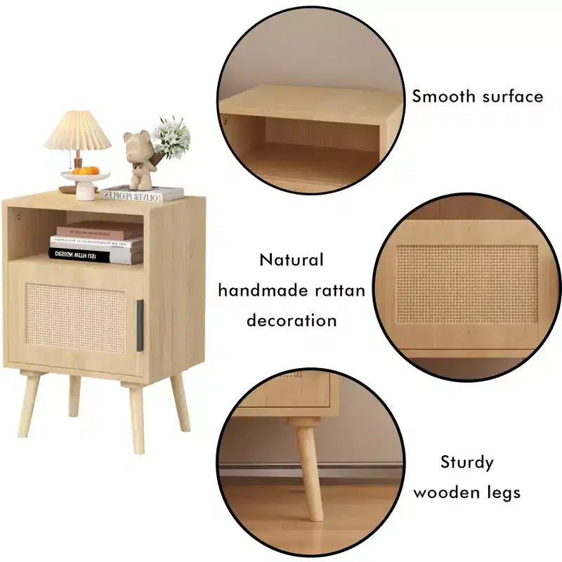 Table de chevet en bois GDFStudio Melissa de 58 cm de haut avec étagère ouverte et porte en rotin
