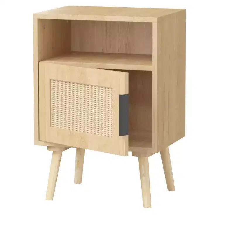 Table de chevet en bois GDFStudio Melissa de 58 cm de haut avec étagère ouverte et porte en rotin