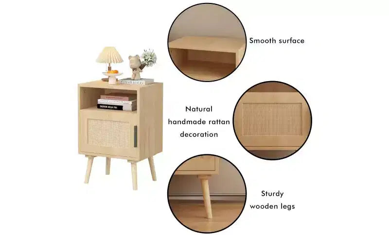 Table de chevet en bois GDFStudio Melissa de 58 cm de haut avec étagère ouverte et porte en rotin