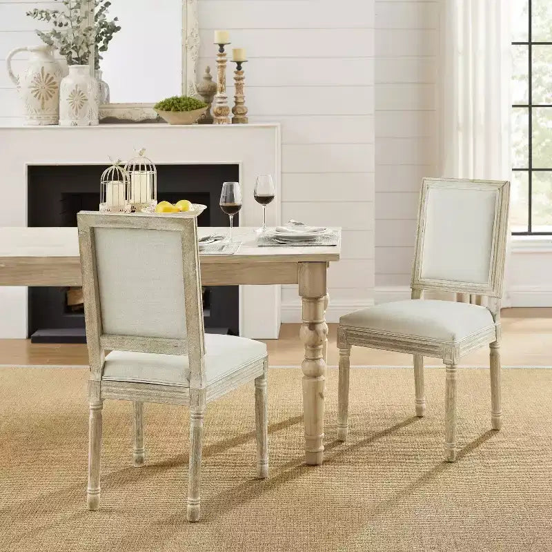 Chaise de salle à manger sans accoudoirs David en lin Rustic Manor avec finition en bois brossé antique (Lot de 2)