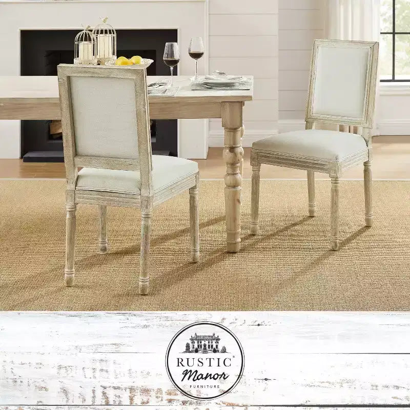 Chaise de salle à manger sans accoudoirs David en lin Rustic Manor avec finition en bois brossé antique (Lot de 2)
