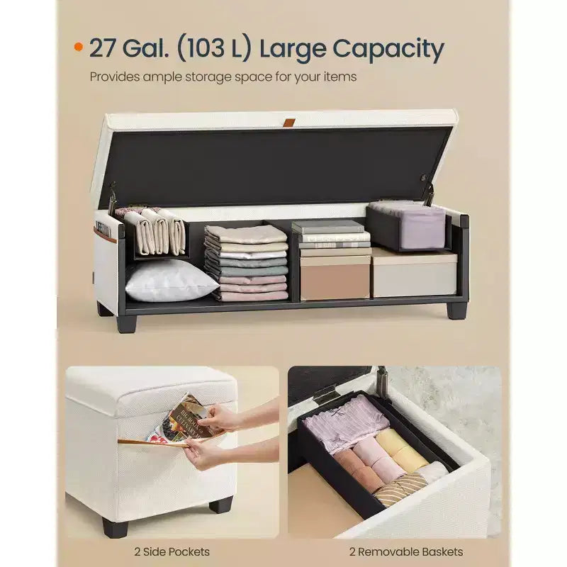 SONGMICS HOME Banc de Rangement Ottoman 43,3 po, Capacité 103 L, Banc de Bout de Lit avec Rangement pour Chambre à Coucher