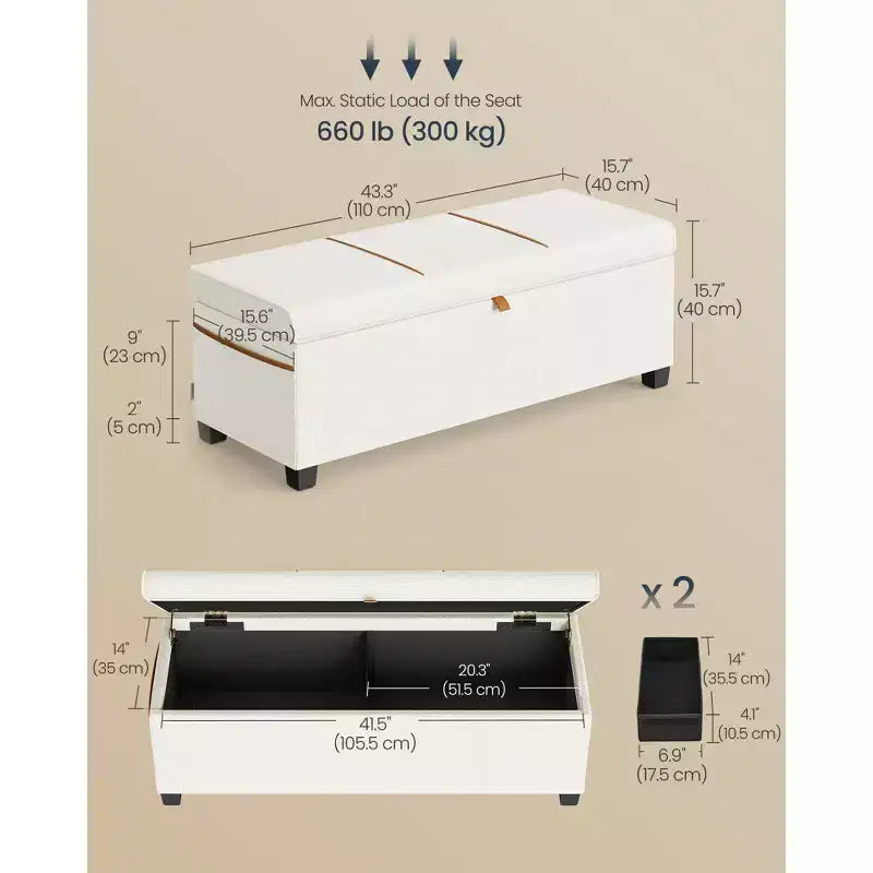 SONGMICS HOME Banc de Rangement Ottoman 43,3 po, Capacité 103 L, Banc de Bout de Lit avec Rangement pour Chambre à Coucher