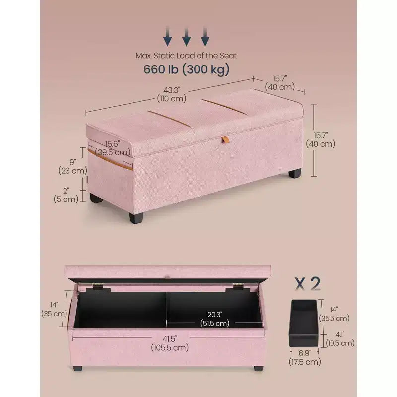 SONGMICS HOME Banc de Rangement Ottoman 43,3 po, Capacité 103 L, Banc de Bout de Lit avec Rangement pour Chambre à Coucher