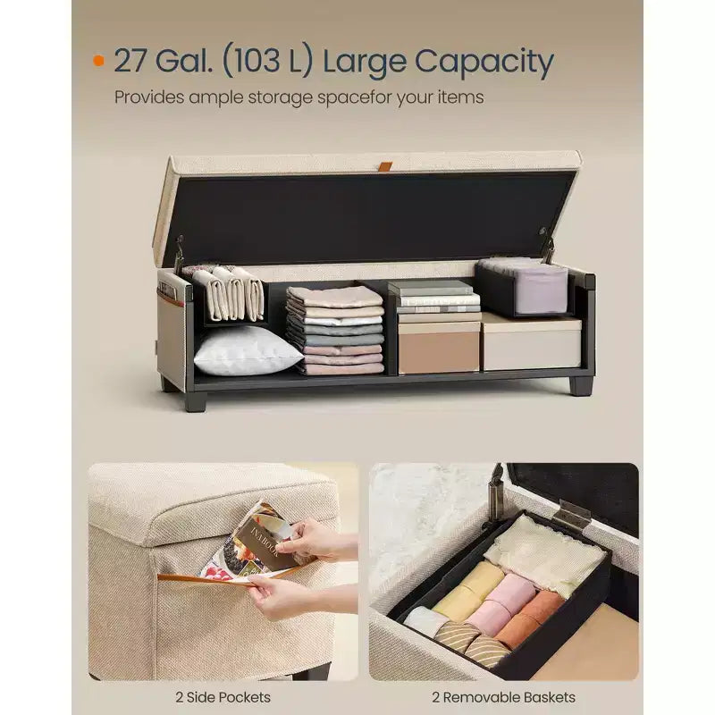 SONGMICS HOME Banc de Rangement Ottoman 43,3 po, Capacité 103 L, Banc de Bout de Lit avec Rangement pour Chambre à Coucher
