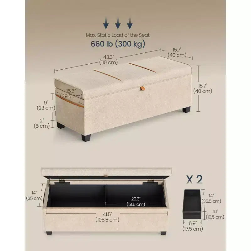 SONGMICS HOME Banc de Rangement Ottoman 43,3 po, Capacité 103 L, Banc de Bout de Lit avec Rangement pour Chambre à Coucher