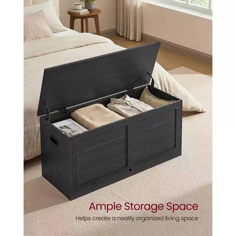 Coffre de rangement en bois, ouverture sécurisée 100x40x46,5 cm pour l'organisation des espaces de la maison