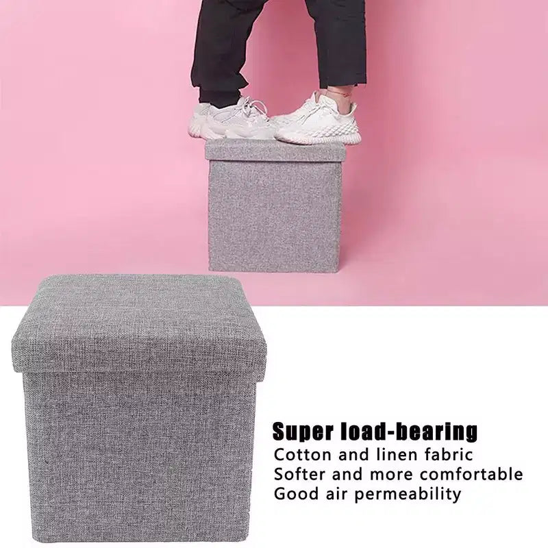 Swtroom Ottoman Cube Repose-pieds Carré Tabouret Pliable 4 en 1 Boîtes de Rangement 30 cm Lin Gris