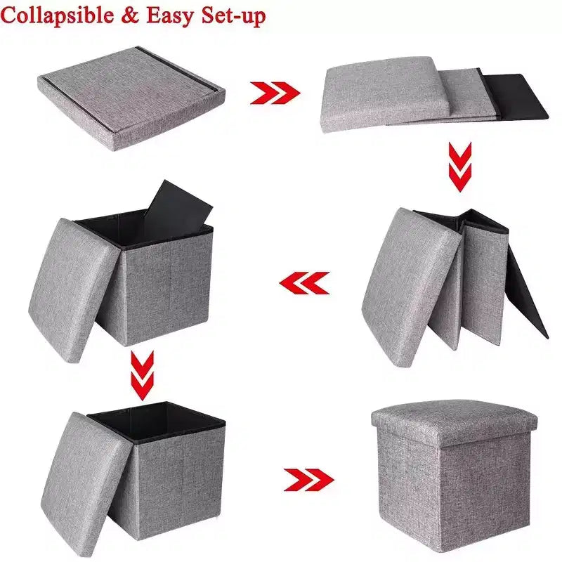 Swtroom Ottoman Cube Repose-pieds Carré Tabouret Pliable 4 en 1 Boîtes de Rangement 30 cm Lin Gris