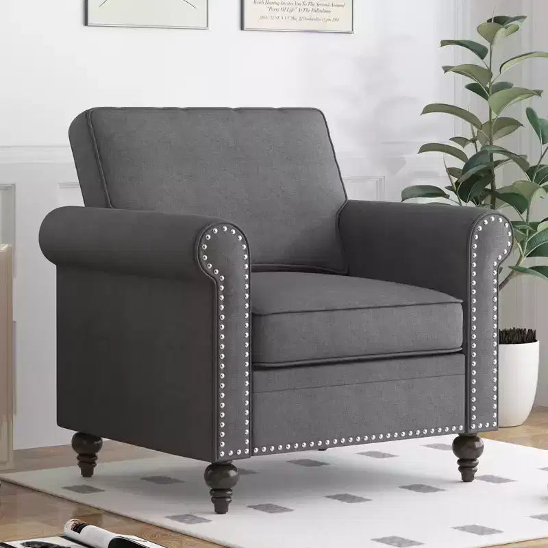 Fauteuil d'appoint moderne Mjkone avec rivets, en tissu de lin, canapé simple, canapé une place de style milieu du siècle pour la maison/le bureau/l'appartement