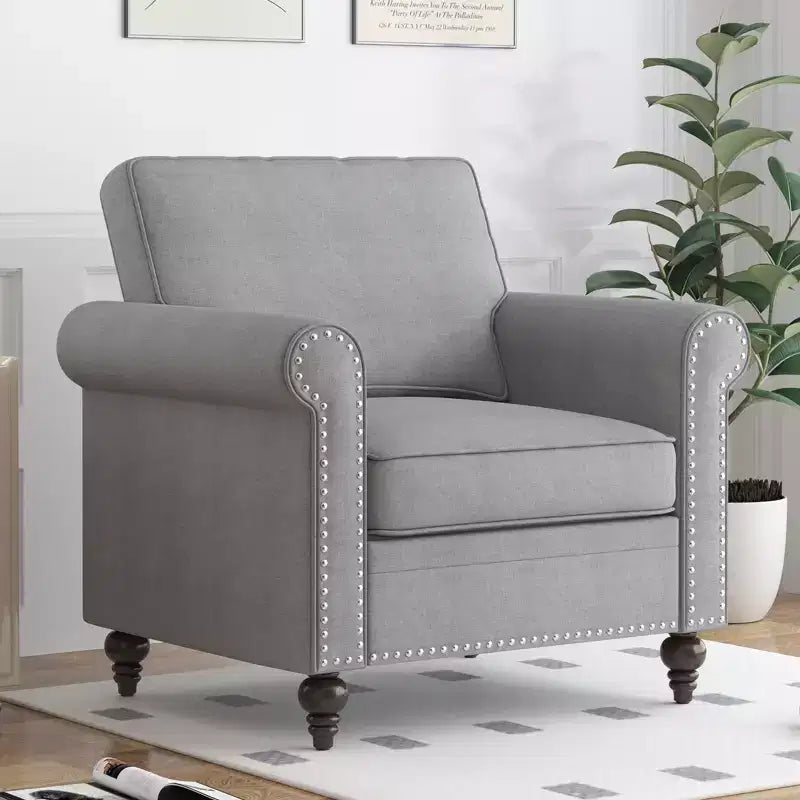 Fauteuil d'appoint moderne Mjkone avec rivets, en tissu de lin, canapé simple, canapé une place de style milieu du siècle pour la maison/le bureau/l'appartement