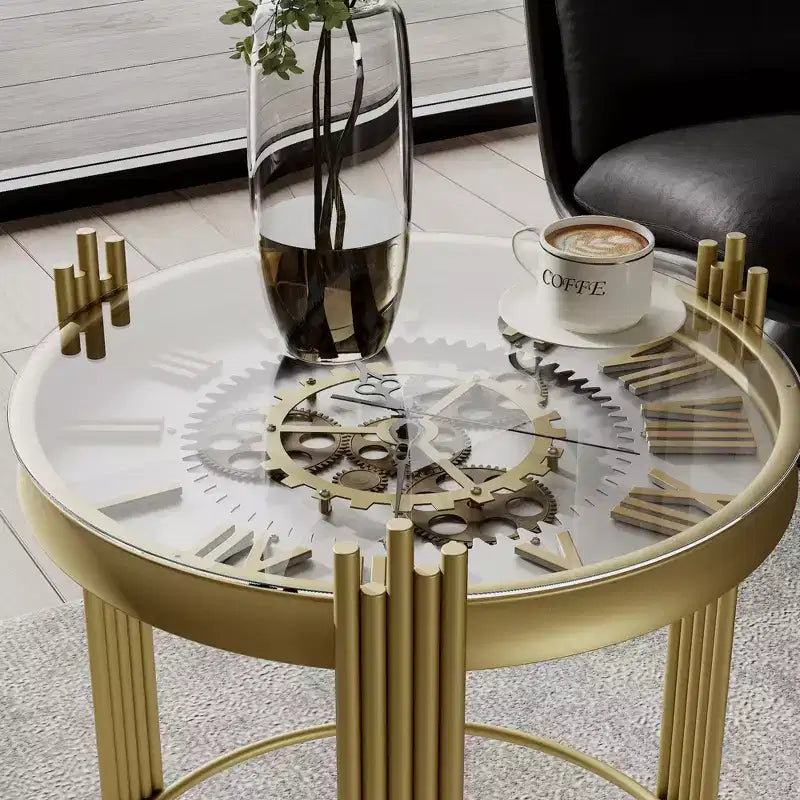 Table d'appoint ronde Famapy Gold Top avec affichage à engrenages rotatifs, table de nuit, table d'appoint.