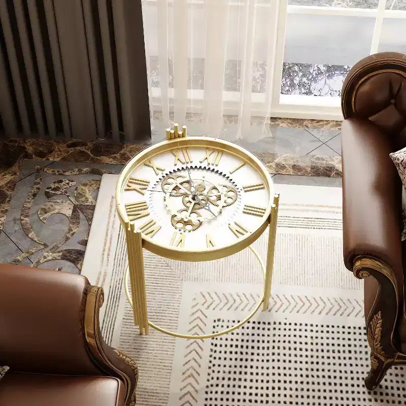 Table d'appoint ronde Famapy Gold Top avec affichage à engrenages rotatifs, table de nuit, table d'appoint.