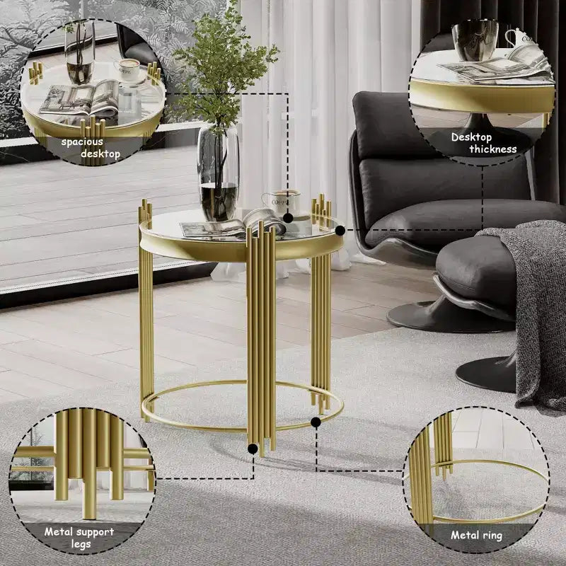 Table d'appoint ronde Famapy Gold Top avec affichage à engrenages rotatifs, table de nuit, table d'appoint.