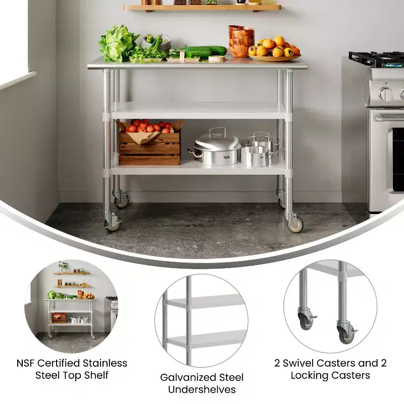 Table de préparation et de travail en acier inoxydable certifiée NSF Flash Furniture Rawcliffe 24 x 48 avec 2 étagères inférieures en acier galvanisé et 4 roulettes dont 2 verrouillables