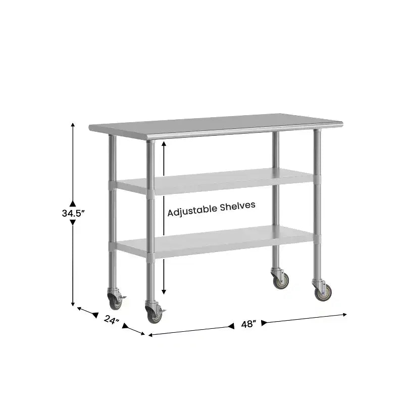 Table de préparation et de travail en acier inoxydable certifiée NSF Flash Furniture Rawcliffe 24 x 48 avec 2 étagères inférieures en acier galvanisé et 4 roulettes dont 2 verrouillables