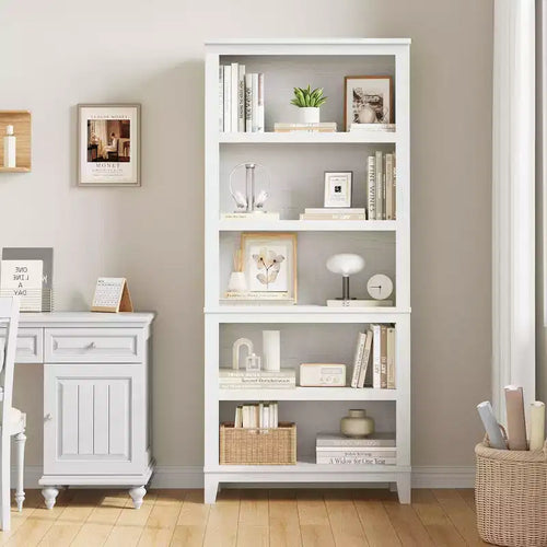 5 Tier Tall White Bookshelves, Large Wooden Bookcase with Adjustable Shelves