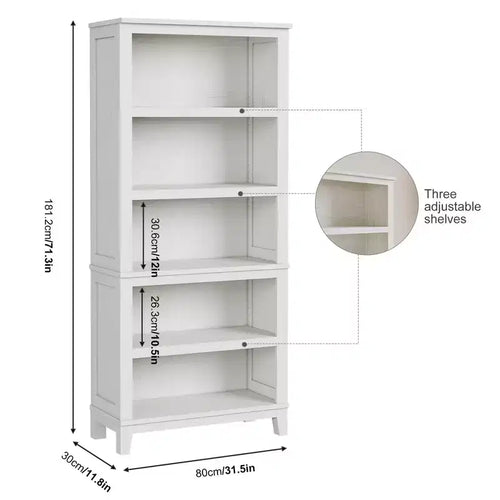 Étagère haute blanche à 5 niveaux, grande bibliothèque en bois avec étagères réglables