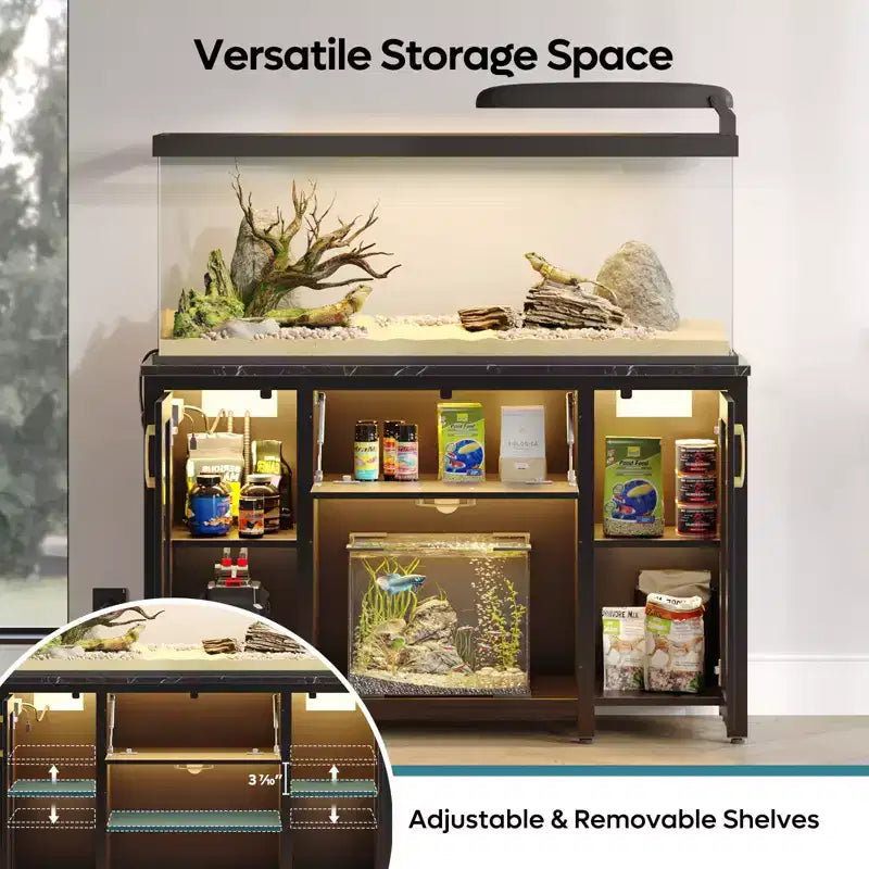 Meuble aquarium Bestier 200L, support en métal avec rangement et prises électriques, éclairage LED, capacité 340kg, noir