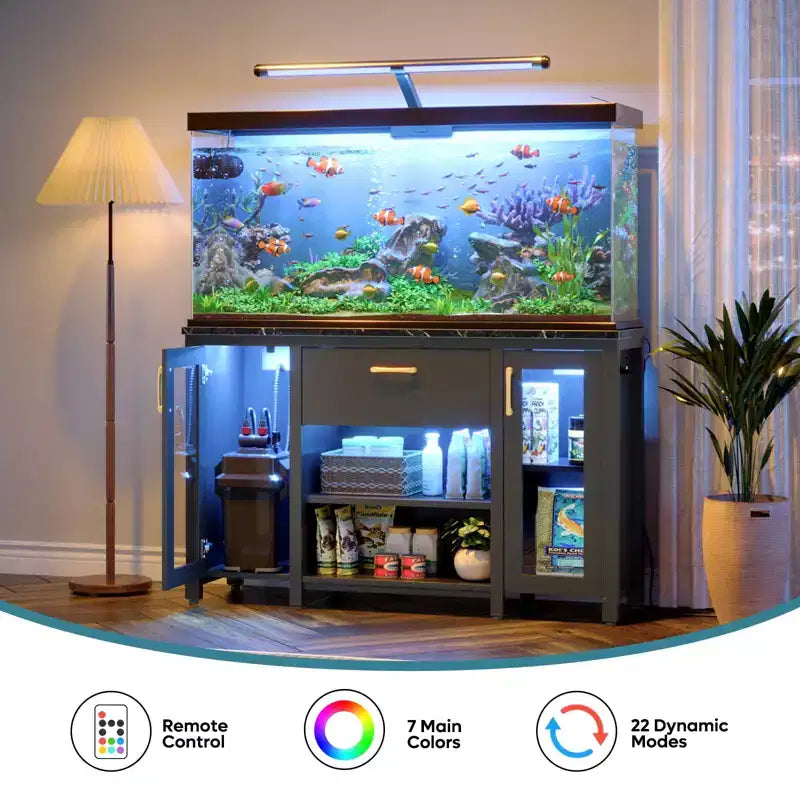 Meuble aquarium Bestier 200L, support en métal avec rangement et prises électriques, éclairage LED, capacité 340kg, noir