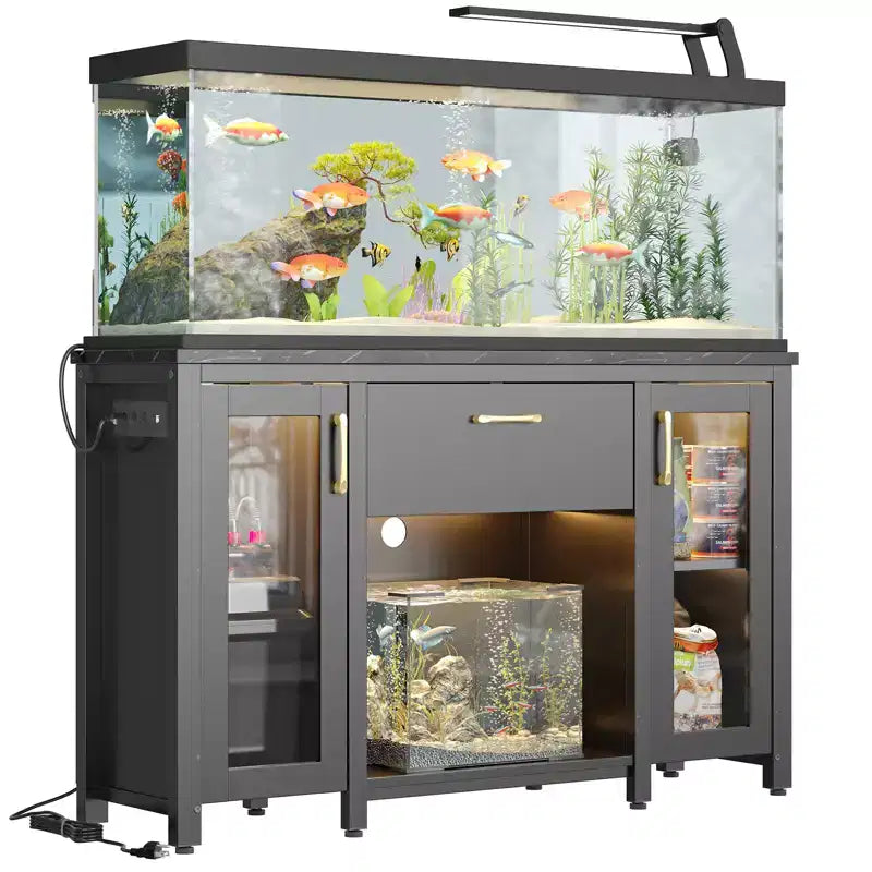 Meuble aquarium Bestier 200L, support en métal avec rangement et prises électriques, éclairage LED, capacité 340kg, noir