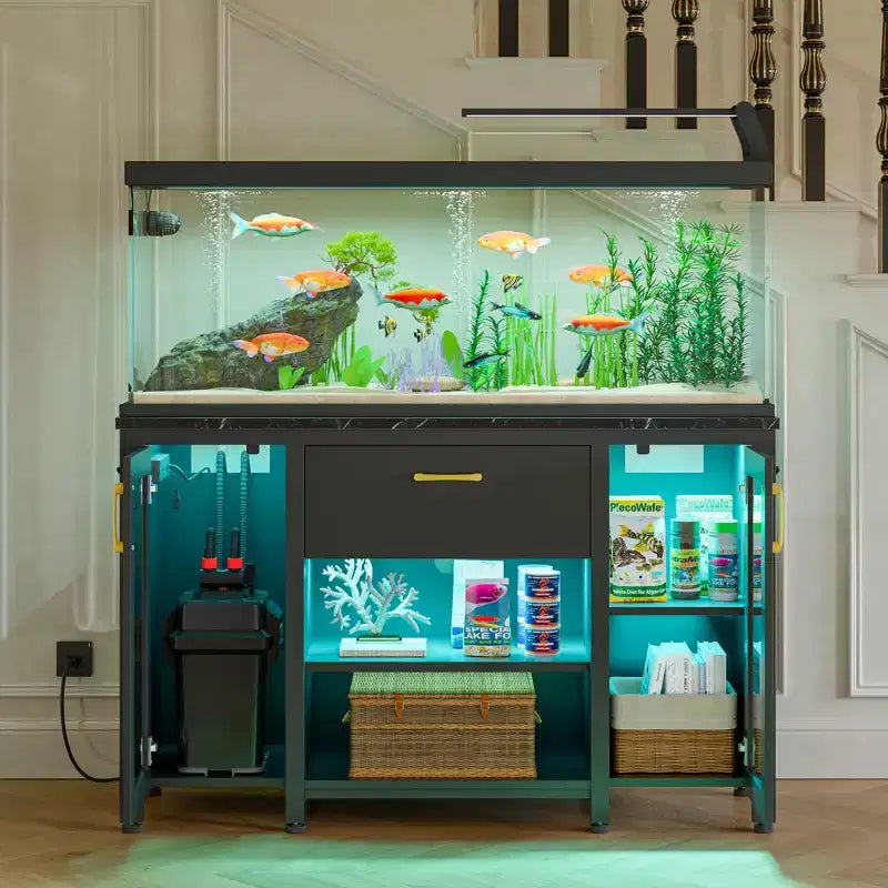 Meuble aquarium Bestier 200L, support en métal avec rangement et prises électriques, éclairage LED, capacité 340kg, noir