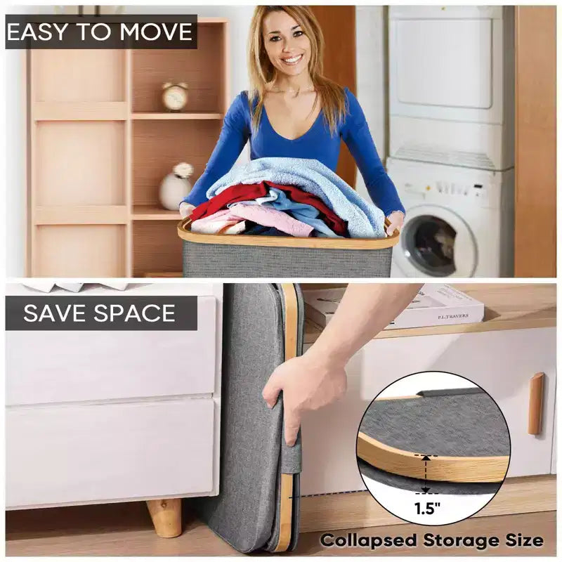 Panier à linge HOMLUX 2,8 boisseaux avec couvercle, poignées en bambou, support interne
