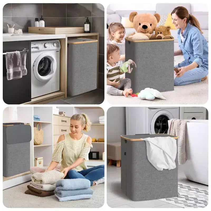 Panier à linge HOMLUX 2,8 boisseaux avec couvercle, poignées en bambou, support interne
