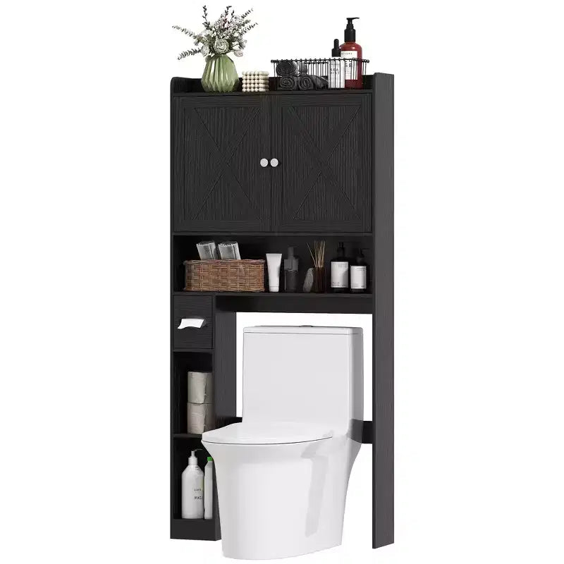 Meuble de rangement WC HOMCOM, organiseur de salle de bain de style ferme avec portes de grange, étagère réglable, porte-rouleau de papier toilette