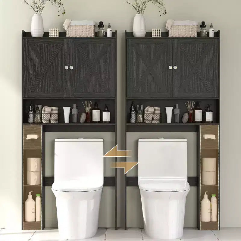 Meuble de rangement WC HOMCOM, organiseur de salle de bain de style ferme avec portes de grange, étagère réglable, porte-rouleau de papier toilette