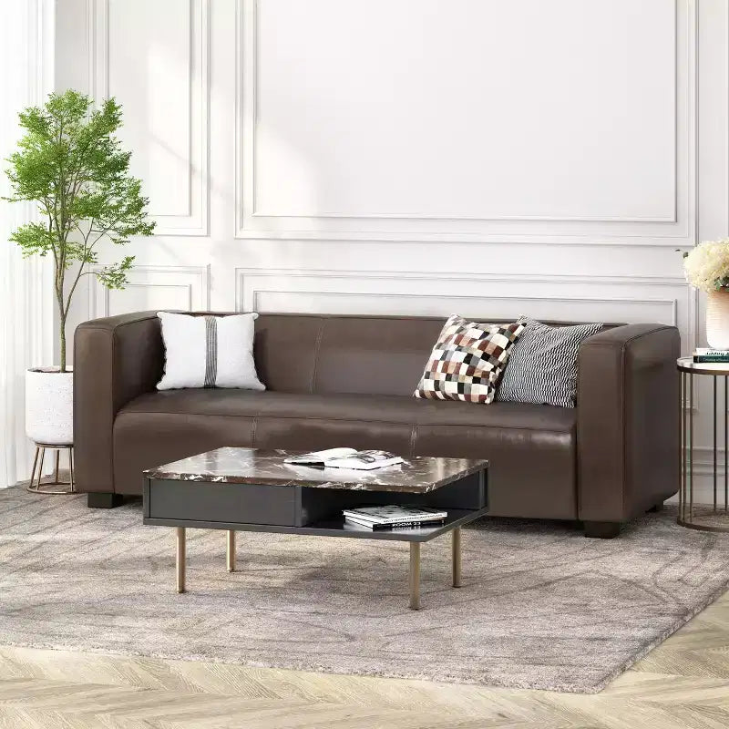 Christopher Knight Home Kaia Canapé 3 Places Contemporain avec Accoudoirs Carrés, Revêtement en Similicuir et Pieds en Bois de Bouleau