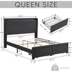 Lit double avec 2 tiroirs de rangement, tête de lit rembourrée en tissu avec station de charge, étagère de rangement, pas besoin de sommier, beige