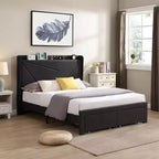 Lit double avec 2 tiroirs de rangement, tête de lit rembourrée en tissu avec station de charge, étagère de rangement, pas besoin de sommier, beige
