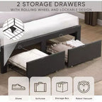 Lit double avec 2 tiroirs de rangement, tête de lit rembourrée en tissu avec station de charge, étagère de rangement, pas besoin de sommier, beige