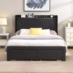 Lit double avec 2 tiroirs de rangement, tête de lit rembourrée en tissu avec station de charge, étagère de rangement, pas besoin de sommier, beige