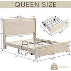 Lit double avec 2 tiroirs de rangement, tête de lit rembourrée en tissu avec station de charge, étagère de rangement, pas besoin de sommier, beige