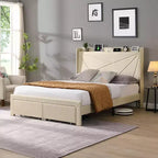 Lit double avec 2 tiroirs de rangement, tête de lit rembourrée en tissu avec station de charge, étagère de rangement, pas besoin de sommier, beige