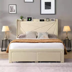 Lit double avec 2 tiroirs de rangement, tête de lit rembourrée en tissu avec station de charge, étagère de rangement, pas besoin de sommier, beige