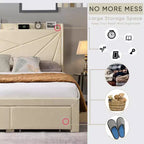 Lit double avec 2 tiroirs de rangement, tête de lit rembourrée en tissu avec station de charge, étagère de rangement, pas besoin de sommier, beige