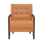 Fauteuil d'appoint confortable en cuir Okak, fauteuil de salon contemporain avec coussin touffeté rembourré, fauteuil en bois au fini noyer