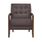 Fauteuil d'appoint confortable en cuir Okak, fauteuil de salon contemporain avec coussin touffeté rembourré, fauteuil en bois au fini noyer