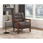 Fauteuil d'appoint confortable en cuir Okak, fauteuil de salon contemporain avec coussin touffeté rembourré, fauteuil en bois au fini noyer