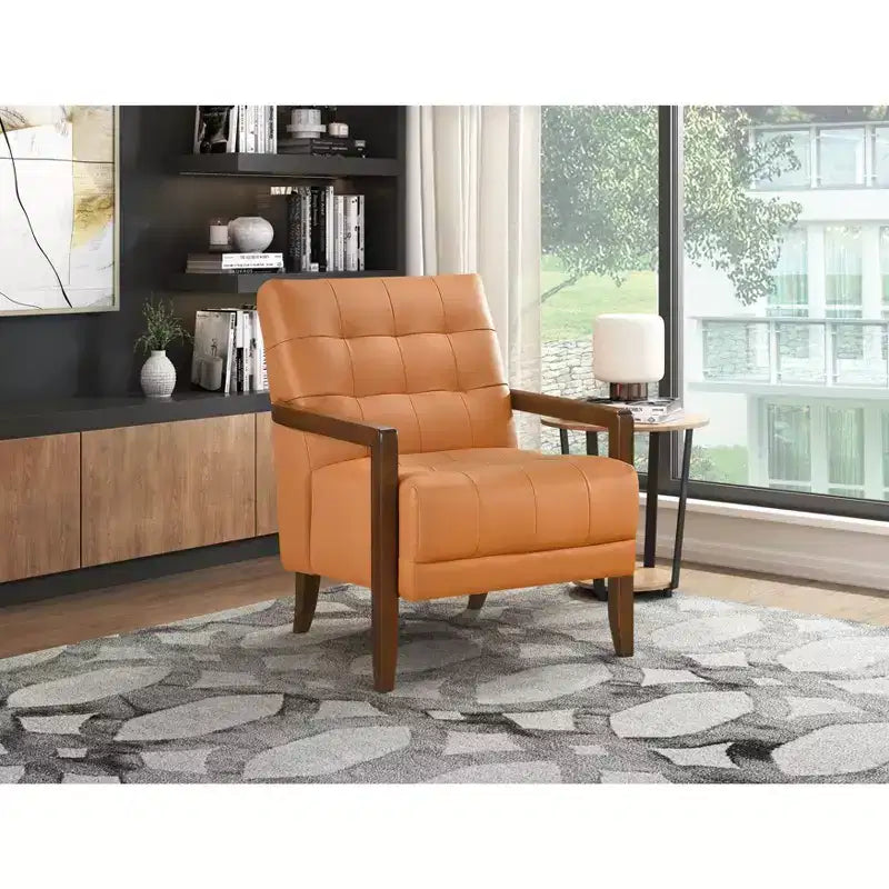 Fauteuil d'appoint confortable en cuir Okak, fauteuil de salon contemporain avec coussin touffeté rembourré, fauteuil en bois au fini noyer